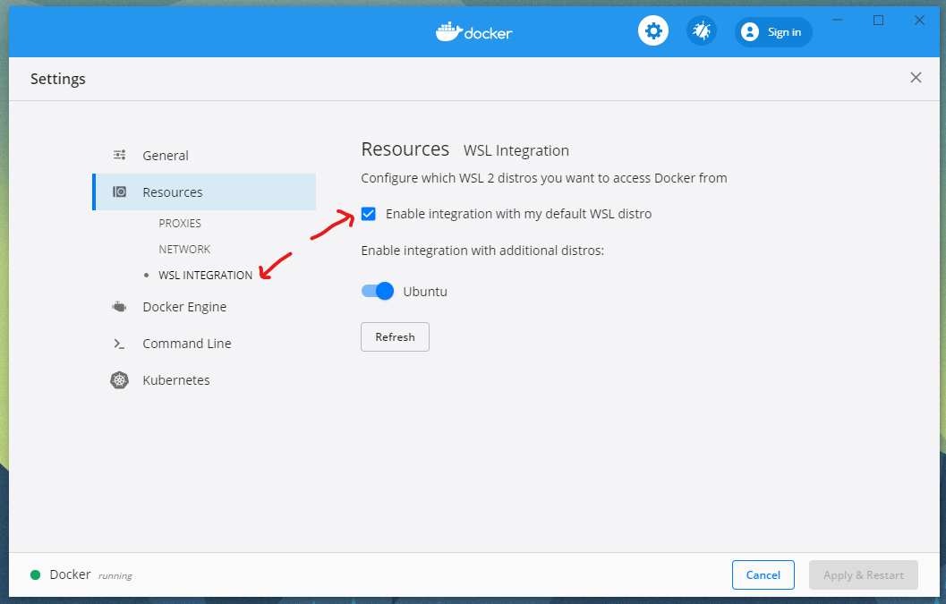 docker WSL2 distro setting